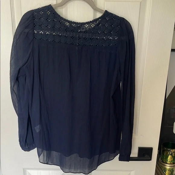J. Crew Sheer Navy Blue Summer Long Sleeve Lace Blouse - Picture 4 of 7